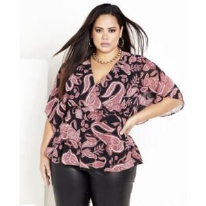 Wrapper Flutter Sleeve Yop Medium Pink Black Paisley Whimsical Goth Flair Boho